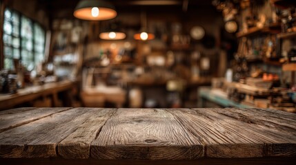 Vintage wood table with artisan workshop interior. Blurred background