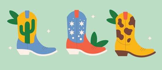 Cowboy Western Theme Wild West Concept – Hand-Drawn Colored Cowboy Boots, Clipart Icons, and Vector Set of Isolated Wild West Elements in Flat Design
