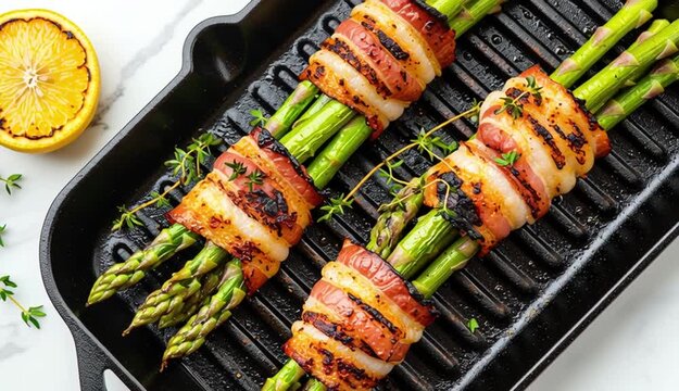 Grilled asparagus bundles wrapped in bacon in black cast iron grill pan, grilled lemon halves with char marks, fresh herbs, cooked on white marble kitchen counter
