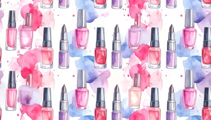 Watercolor cosmetic pattern with nail polish and lipstick