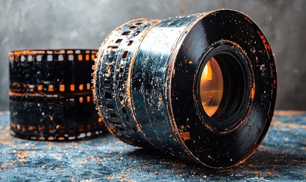 Old film reels and a vintage camera lens on a dusty surface. Dusty, antique, film, camera