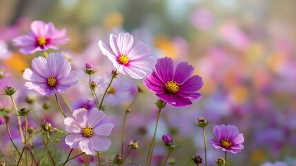 A field of cosmos flowers in various shades of pink and purple with a blurred background of colors