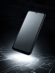 Sleek Smartphone Floating Above Illuminated Grid in Dark, Modern Setting