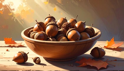 Autumn acorns in wooden bowl