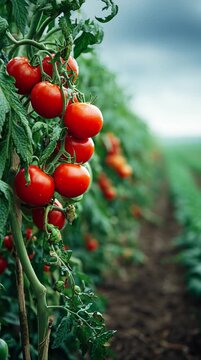 Close-up of ripe red tomatoes growing on the vine in a field