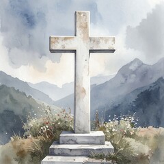 Watercolor cross on a mountain vista