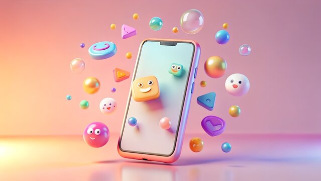 A smartphone with floating emojis and geometric shapes around it, set against a soft gradient background, creating a playful and engaging social media concept - Powered by Adobe