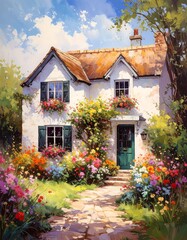 Watercolor cottage in a garden