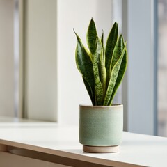 Snake Plant in Ceramic Pot on White Surface
