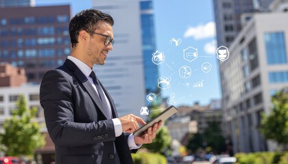 Ambitious executive navigates the digital world with his tablet, symbolizing connectivity and innovative solutions for business growth in a dynamic urban setting