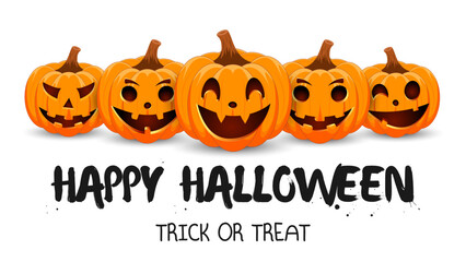 Set pumpkin on white background. The main symbol of the Happy Halloween holiday. Orange pumpkins with smile for your design for the holiday Halloween. Vector illustration.