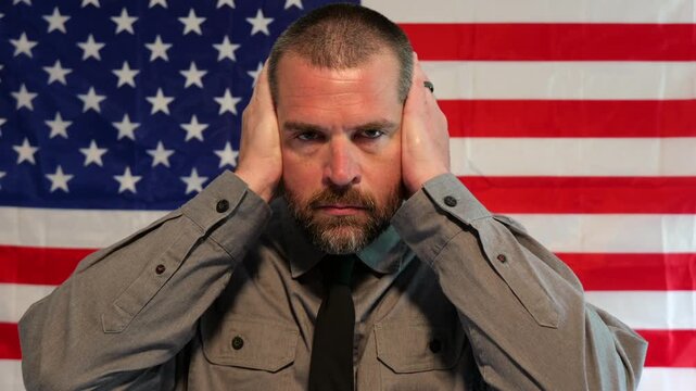 American Censorship Concept - Male Journalist or Politician - See no evil, Speak no evil, Hear no evil idea - Distracted Citizens