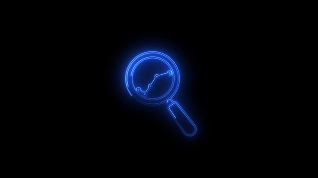 Neon Search Icon Animation on Black Background bule color ,Glowing Magnifying Glass Loop 