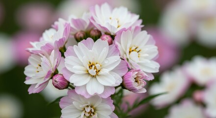 Fototapeta premium A detailed view of white flowers with soft purple-tipped petals and glistening water droplets set against a blurred background