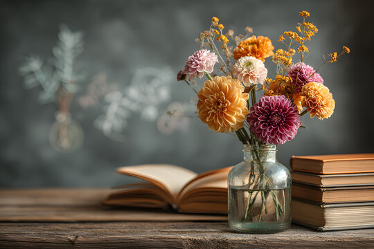 school stationery, flowers and books on table, chalkboard background. symbol of beginning of the school year, teacher's day. Knowledge Day, education concept. back to school. 1 September. copy space