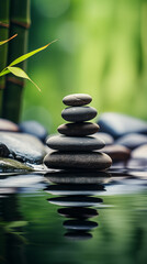 Naklejka premium Zen-inspired balanced stones and calm water ripples, peaceful background / wallpaper 