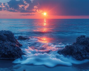 Dramatic sunset over a rocky coastline. Waves crash on shore