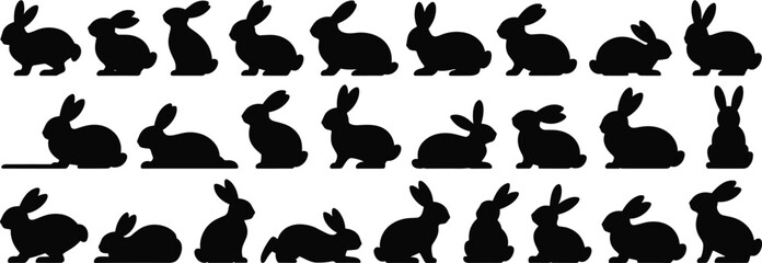 Rabbit silhouettes, hopping poses, sitting rabbits, crouching animals, black shapes, wildlife vector, bunny design, animal motion, pet illustration, minimalist style