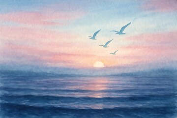 Obraz premium Calm ocean sunset with birds flying over waves and soft pastel sky in evening light