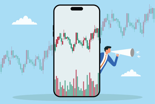 Vector illustration of a trader announcing stock market updates through a smartphone with candlestick charts, symbolizing online trading and financial communication
