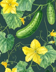 Watercolor cucumbers and flowers on a dark background