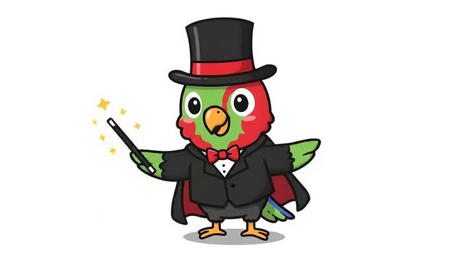 Cute cartoon parrot magician wearing a top hat and cape, holding a magic wand.