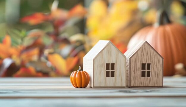 Two small wooden house models on rustic wooden table, miniature houses with windows and roofs, one light wood one darker wood, blurred autumn pumpkins and fall foliage in background
