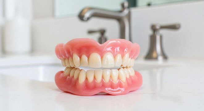 Dentures displayed on bathroom countertop near sink fixtures   - Powered by Adobe