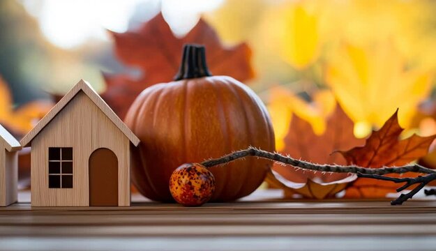 Two small wooden house models on rustic wooden table, miniature houses with windows and roofs, one light wood one darker wood, blurred autumn pumpkins and fall foliage in background
