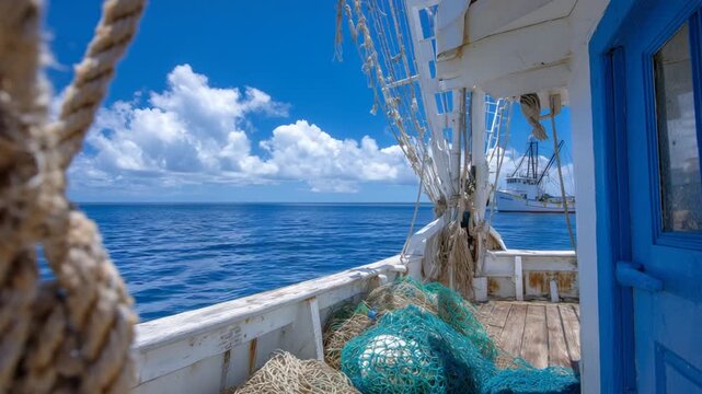 Explore the vibrant maritime textures on the deck of a 185 fishing boat.