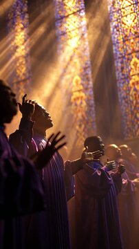 Gospel choir of black men singing with heavenly light in church