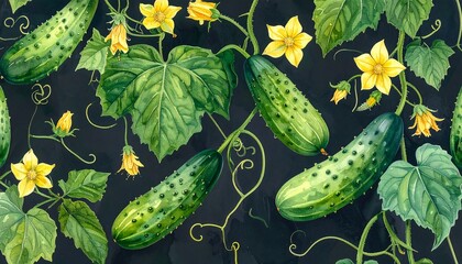 Watercolor cucumbers, flowers, and leaves on dark background