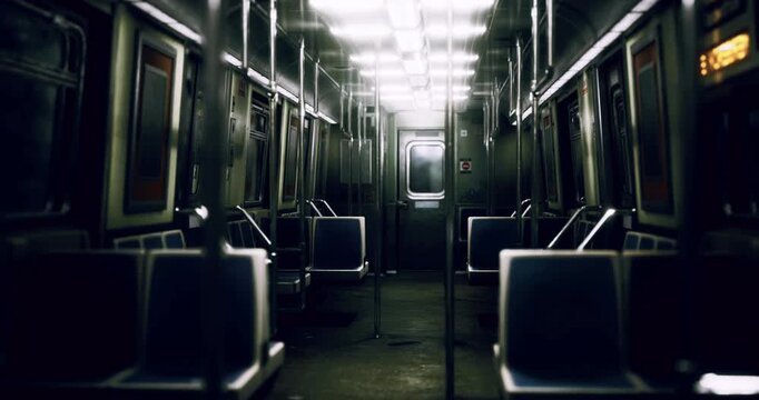 A quiet subway car is nearly empty, showcasing rows of seats under dim, artificial lighting. The metallic interior adds to the urban atmosphere during late night travel.
