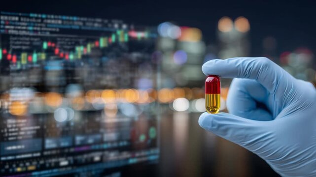 A medical professional's gloved hand holds a red and yellow capsule, with digital health icons and data graphs in the background.