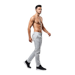 Fototapeta premium Muscular man posing confidently while walking shirtless in light pants isolated on transparent background