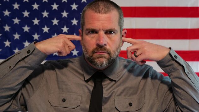 American Censorship Concept - Male Journalist or Politician - See no evil, Speak no evil, Hear no evil idea - Distracted Citizens