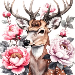 Watercolor deer surrounded by peonies