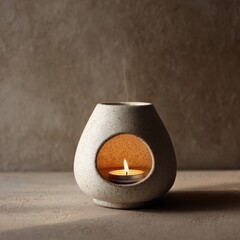 Speckled ceramic oil burner with a glowing tealight candle and wisps of smoke against a textured brown background.