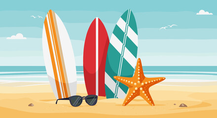 Surfboards and Starfish on a Sandy Beach with Ocean Background.