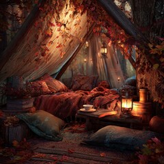 Cozy Autumn Tent - Warm Light, Falling Leaves, and Rustic Comfort.