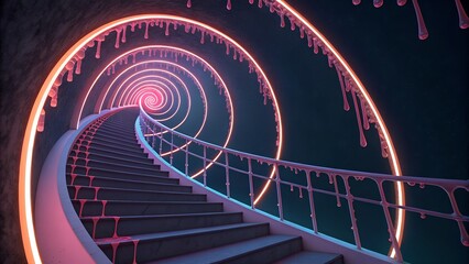 A spiral staircase twisting into infinity, every step made of dripping jelly-like neon, glowing against a dark void.