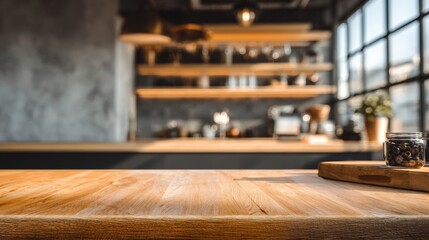 Empty wooden table with blurred modern kitchen background