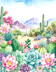 Watercolor desert landscape with cacti and succulents
