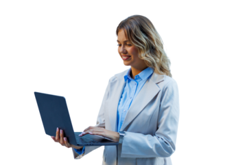 Businesswoman smiling and working on laptop, managing online tasks, a modern corporate professional with a transparent background