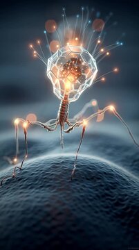 Futuristic 3d animation of a bacteriophage virus on a cell surface