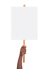 Man holding a blank protest sign in hand isolated on white or transparent background