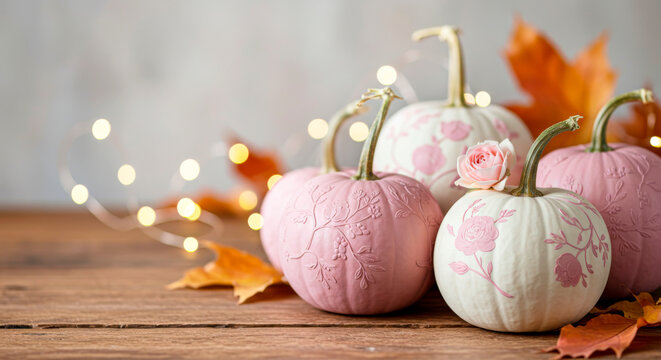 Pastel pink and white pumpkins with floral patterns, autumn leaves, and lights on a wooden table.