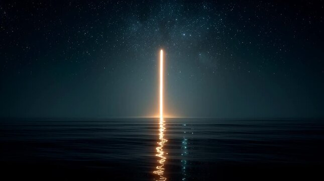 Glowing neon ring portal over water with starry night sky reflection