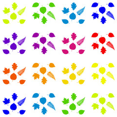 A seamless pattern of various autumn leaves in a rainbow color palette on a white background. Perfect for seasonal designs and nature themes.
