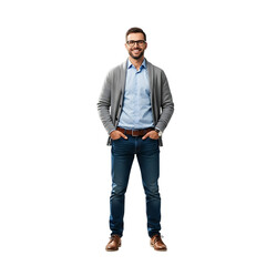 Fototapeta premium Man with prosthetic leg standing confidently casual attire professional portrait captured isolated on transparent background